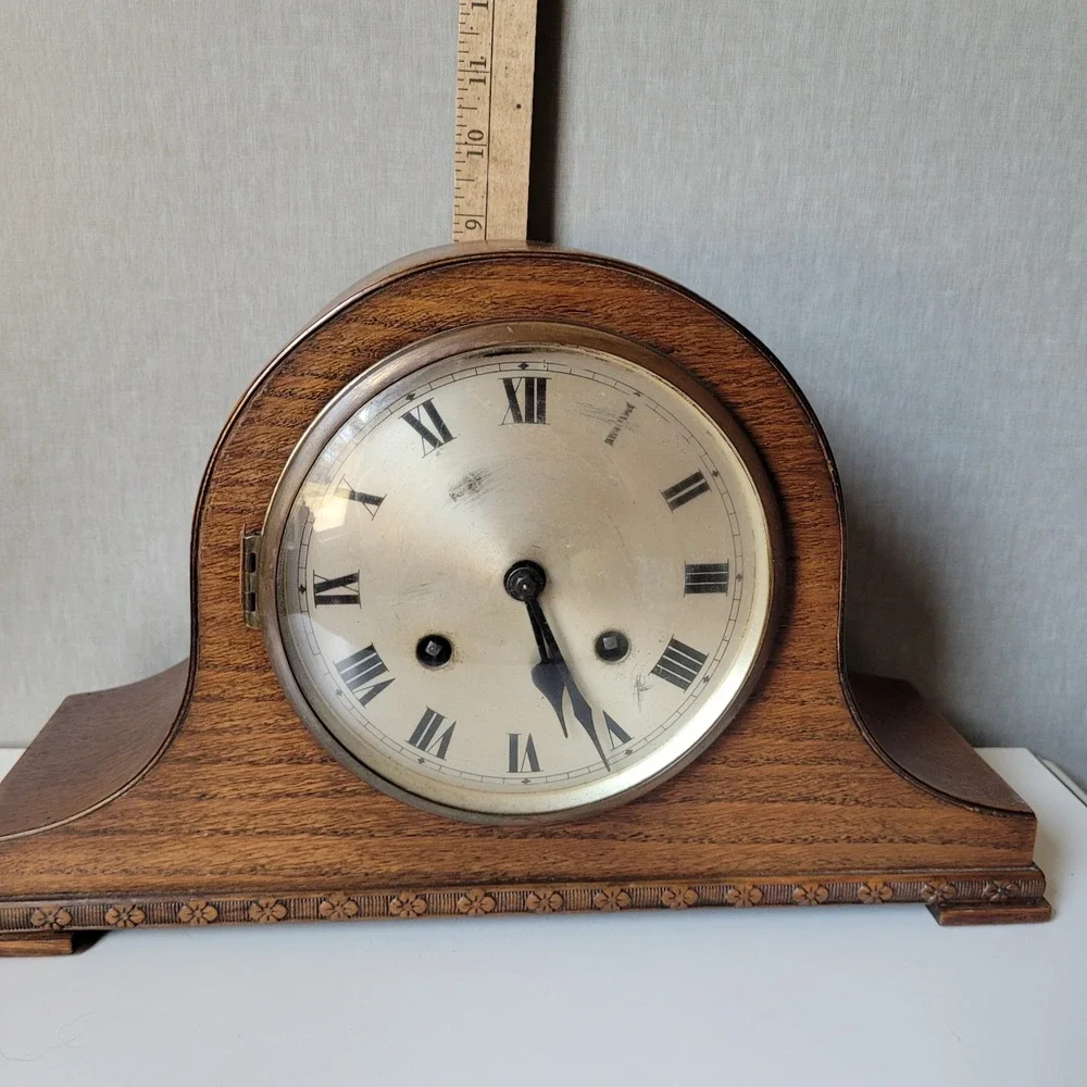 Antique German Mechanical Mantel Clock – Napoleon Hat Wood Case with Key, 15